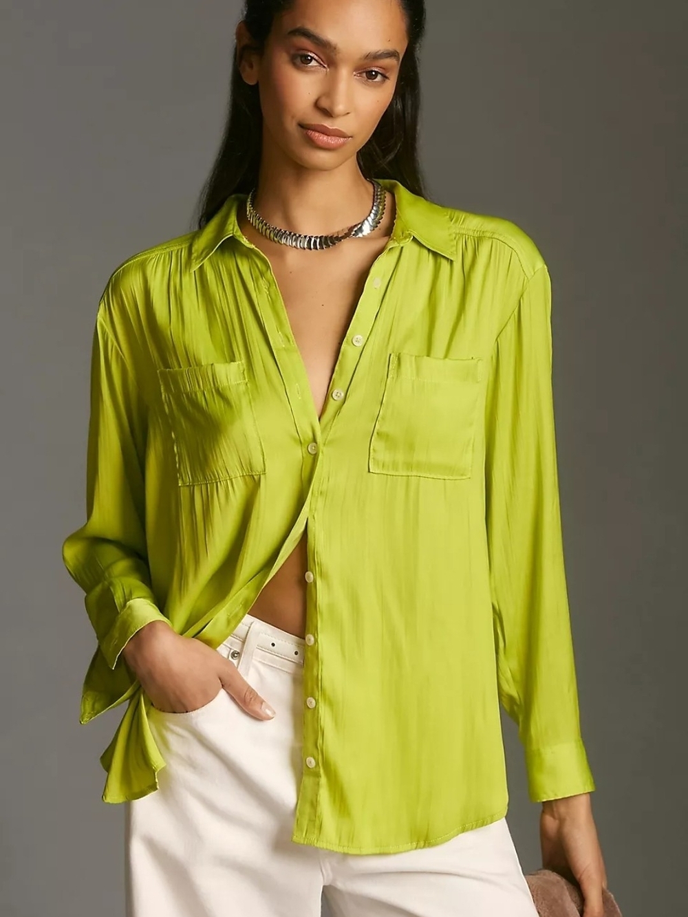 Anthropologie Lime Green Satin Button-Down Shirt
